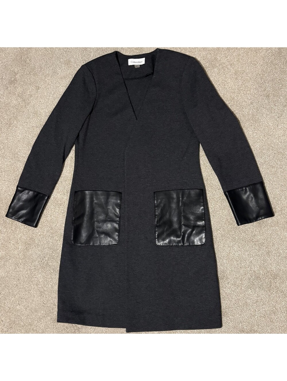 Calvin Klein Womens Sz 6 Long Cardigan Sweater Jacket Faux Leather Accent Gray
